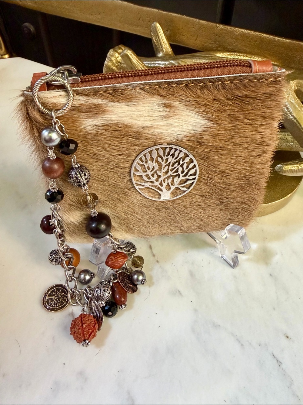 GENUINE COWHIDE LEATHER HAIR ON HIDE Tree of Life Wristlet Wallet Purse BOHO Bag